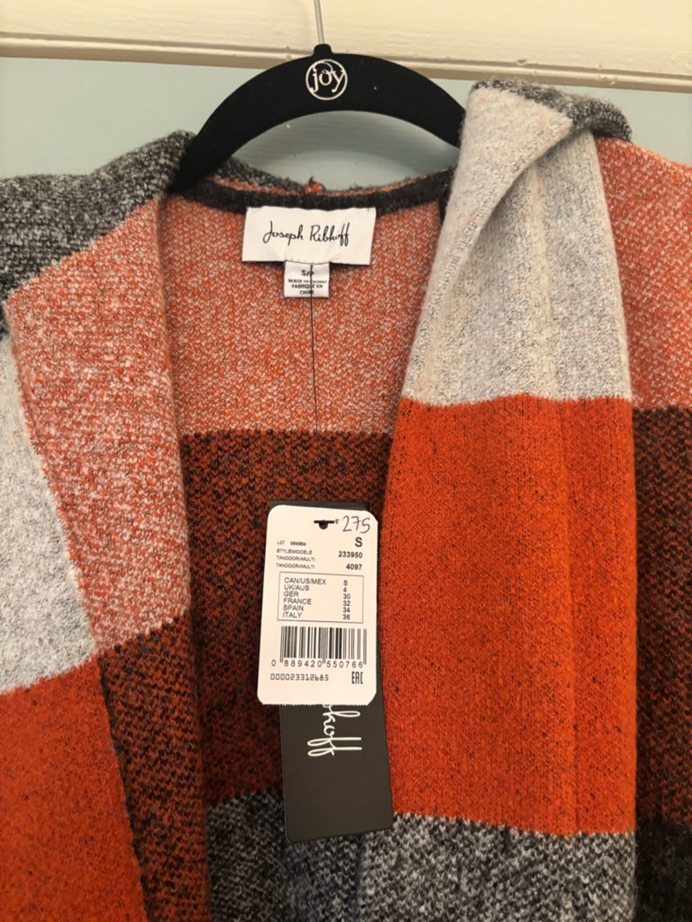 Joseph Ribkoff Orange and Gray Hooded Colorblock Knit Cape